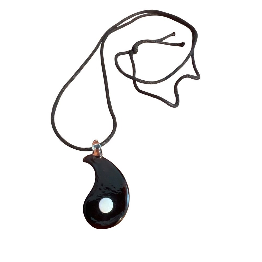 Black White Glass Yin Yang Pendant Necklace Black Cord Skater Surfer 25"
